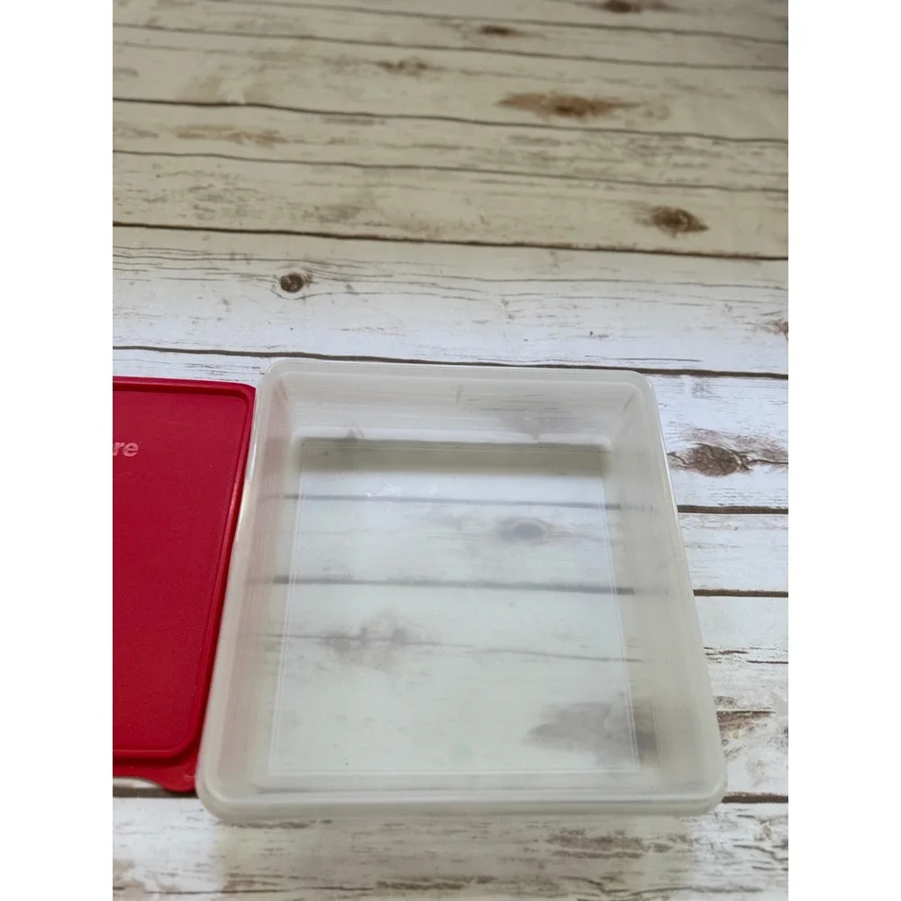 Tupperware Storage Container Red Clear Vintage Square Seal 9.5in 2.5in H